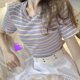 thumbnail image 5 of Camiseta a rayas para mujer, cuello redondo, ajustada, cintura alta, lazo trasero, Top de manga corta para verano, 5 of 8