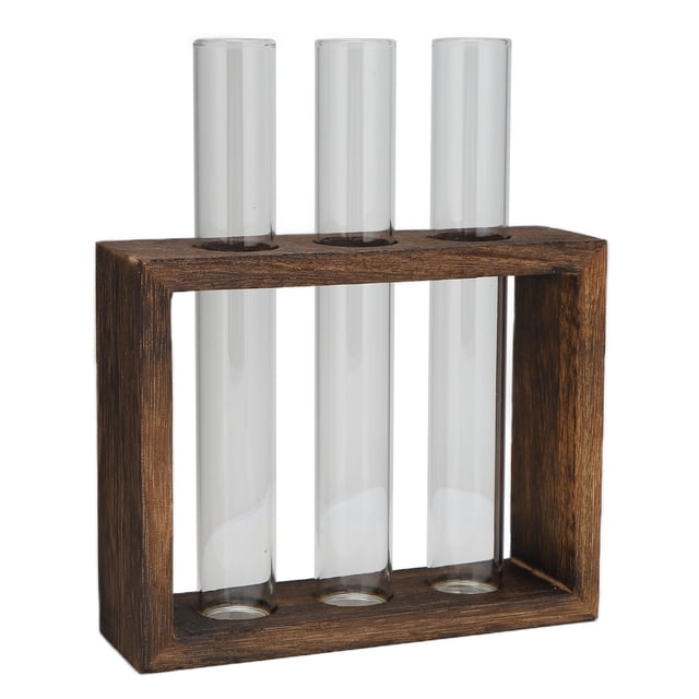 Florero con soporte de madera, florero de tubo de vidrio de mesa, florero hidropónico de alta intensidad con salida