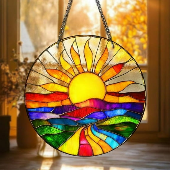 Colorful Sunrise STAINED GLASS Suncatcher, Vibrant Landscape Window Hanging ,Round Sun and Nature Art Panel, Boho Home Decor Gift