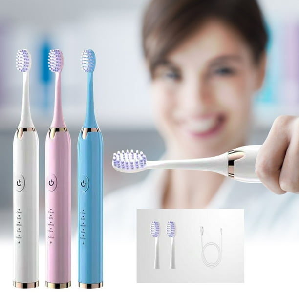 Cepillo de dientes eléctrico con 5 modos y temporizador - 3 cabezas de recambio para cepillos, impermeable IPX7, recargable USB, blanco/azul/rosa