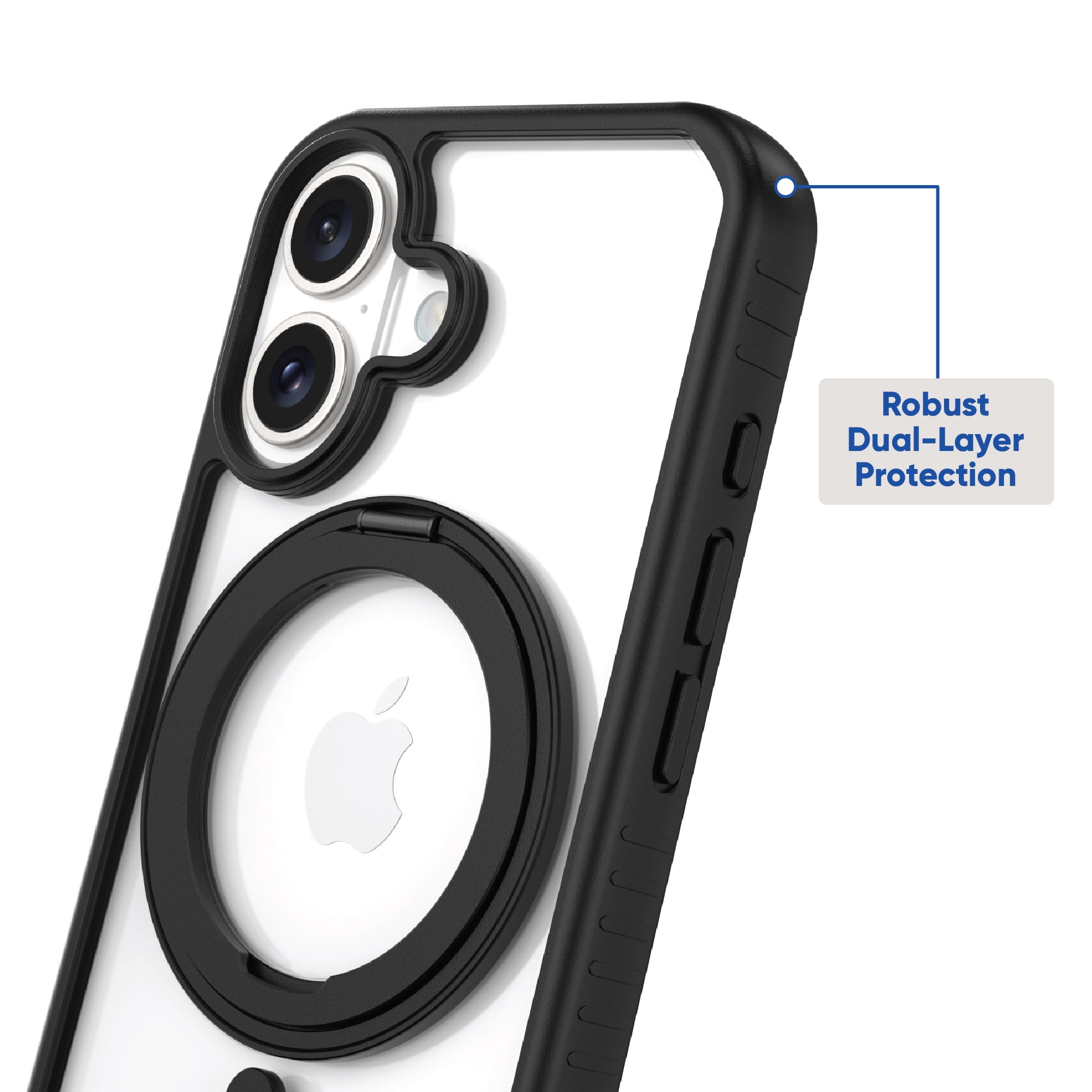 onn. MagSafe Compatible Phone Case with Ring Stand for iPhone 16 Plus - Black/Clear