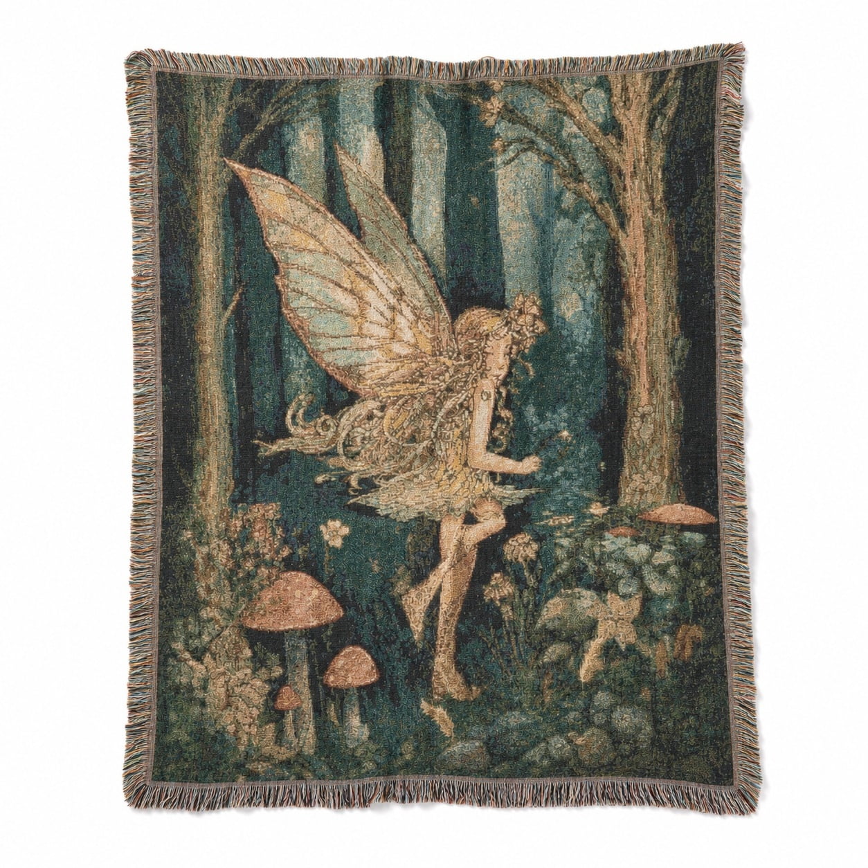 Enchanted Forest Fairy in Teal and Rust Woven Throw Blanket Woven Cotton with Fringed Edges Vintage Fantasy Style for Living Room