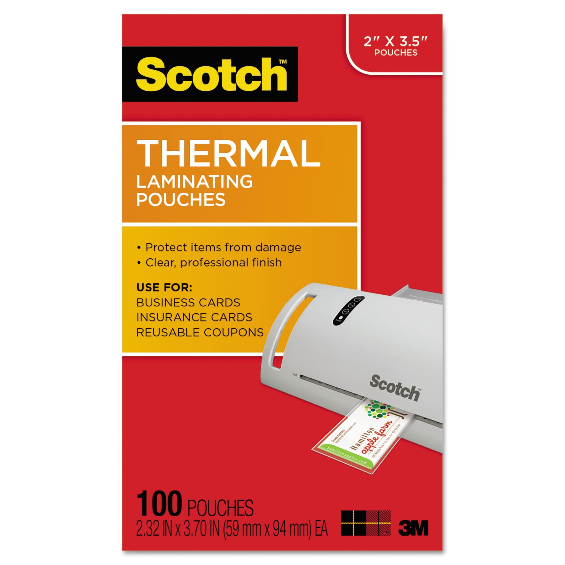 Scotch Laminating Pouches, 5 mil, 3.75" x 2.38", Gloss Clear, 100/Pack