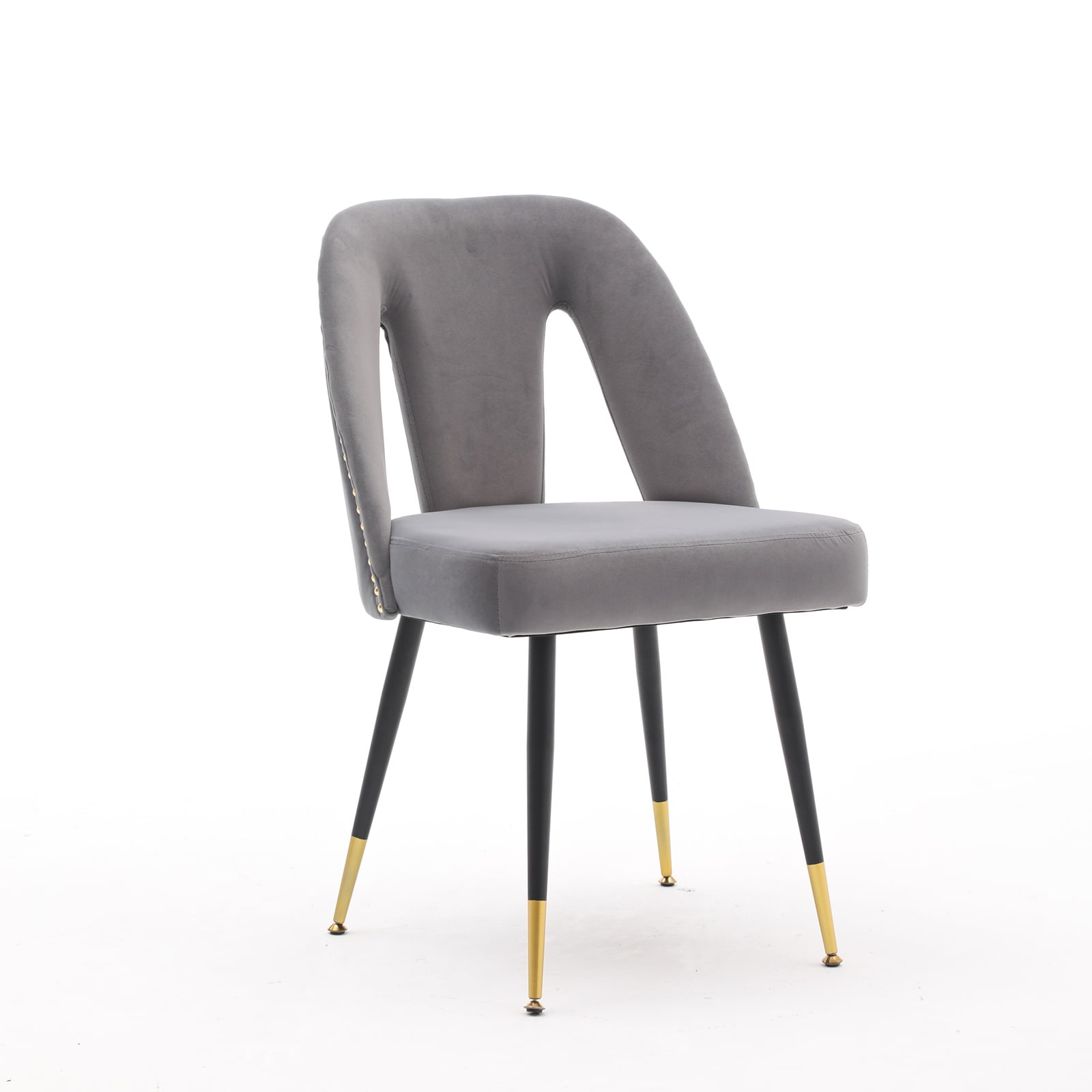 MAYEERTY Modern Contemporary Velvet Dining Chair - Nailheads, Gold-Tipped Black Metal Legs, Gray, Set of 2