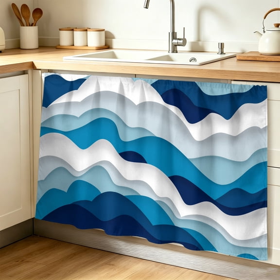 Blue Ombre Cabinet Curtain 32"Wx55"L, Dustproof Pantry Door Curtain with Self Adhesive Tape, Modern Geometric Abstract Art Moire Tall Storage Cover Privacy Drape for Bathroom Kitchen Laundry Room
