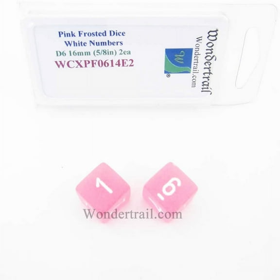 Pink Frosted Dice with White Numbers D6 Aprox 16mm (5/8in) Pack of 2 Wondertrail
