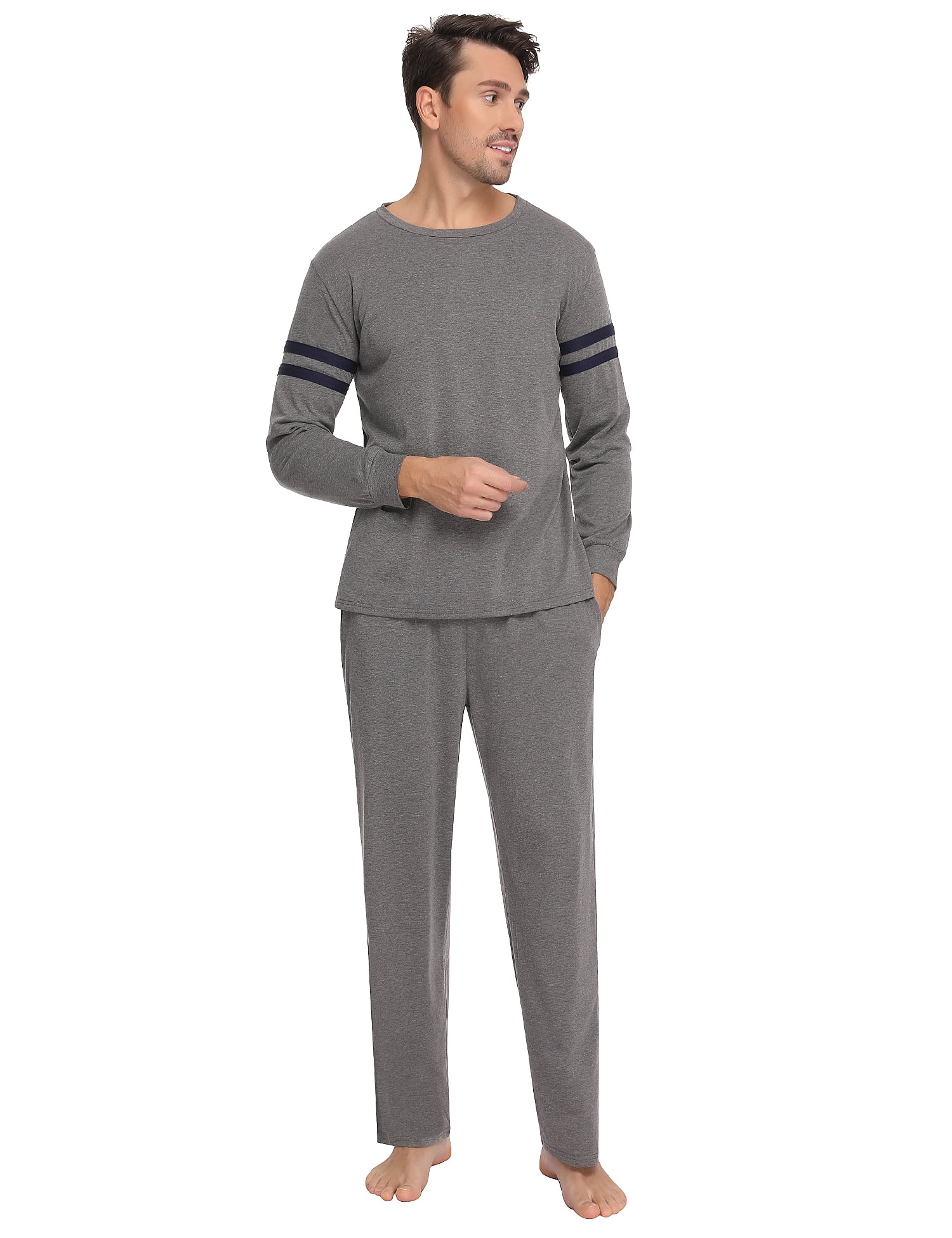 Aibrou Mens Cotton Pajamas Set Long Sleeve Pjs Sleepwear Lounge Set Raglan Shirt and Pants 