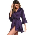 thumbnail image 4 of Women Satin Robe Ruffle Hem Kimono Short Robes V-Neck Pure Color Bridesmaid Wedding Party Bathrobe Dressing Gown, 4 of 9