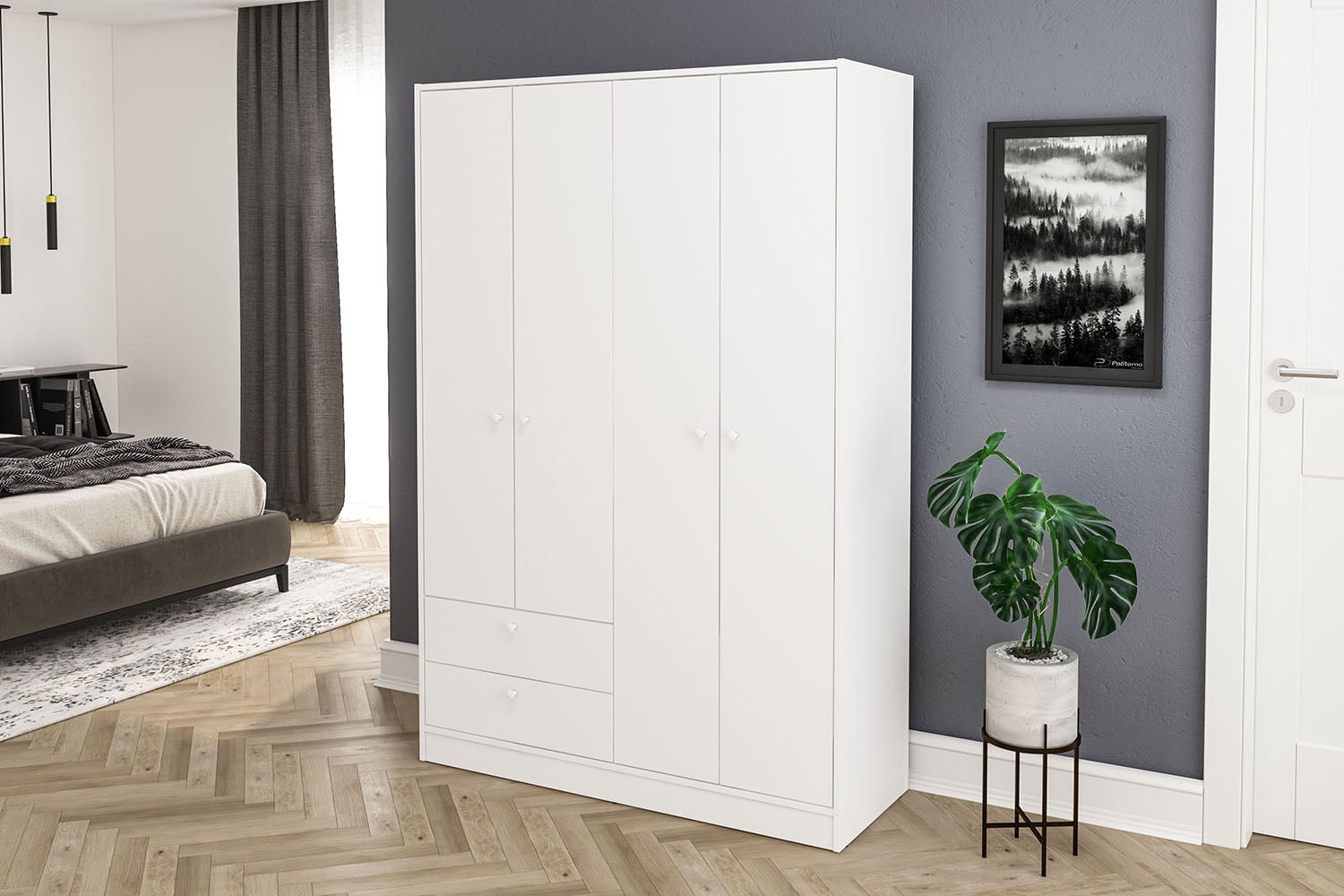 Polifurniture Denmark 71 in. 4 Door Modern Adult Armoire with 2 Drawers, Shelves and Hanging Rod, White Wood