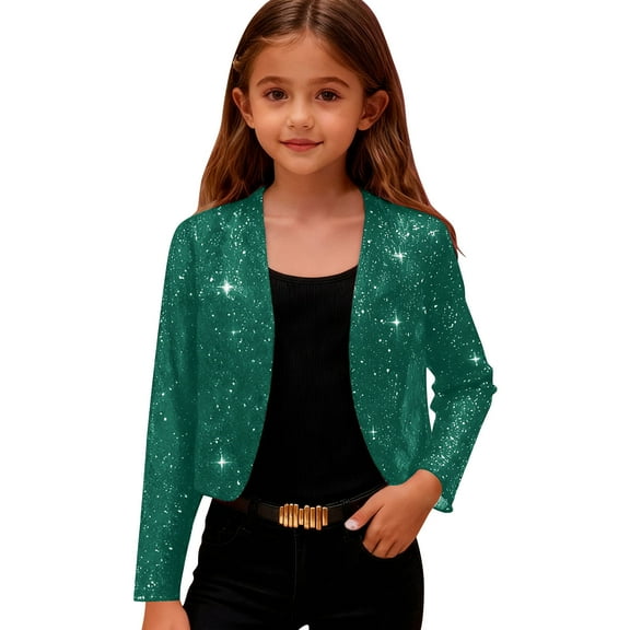 OGLCCG Glitter Cropped Cardigan for Girls Long Sleeve Open Front Party Shiny Bolero Shrug Trendy Solid Color Sparkly Jacket Coat 4-14 Years