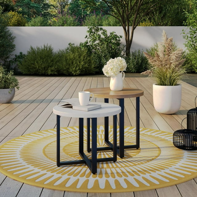 HOMETRENDS 2-Piece Steel Outdoor Nesting Side Tables, Brown/Off-White