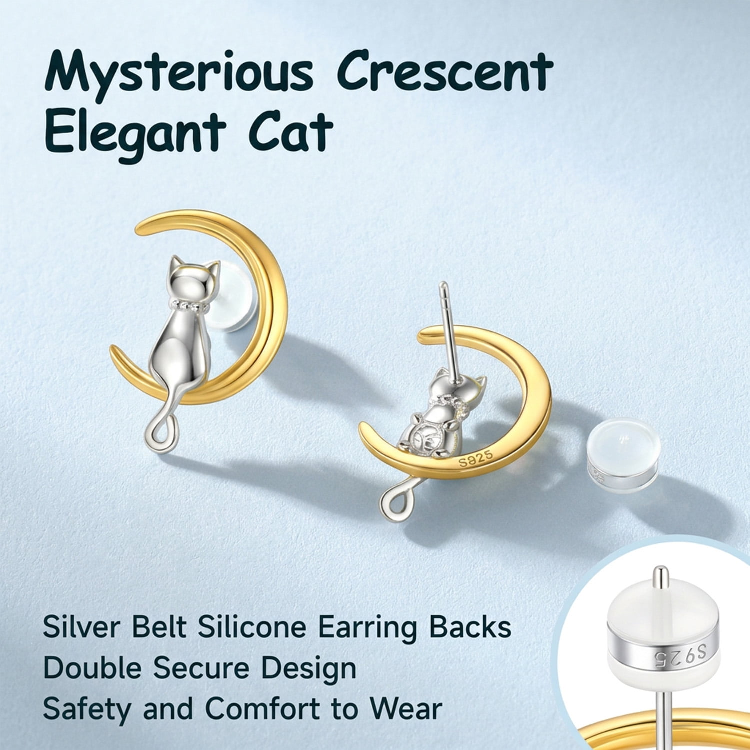 Just Being Cute Cat Moon Earrings for Women, Pure Sterling Silver Stud Earrings Birthday Graduation Mothers Day Jewelry Gifts for Mom/Her/Wife