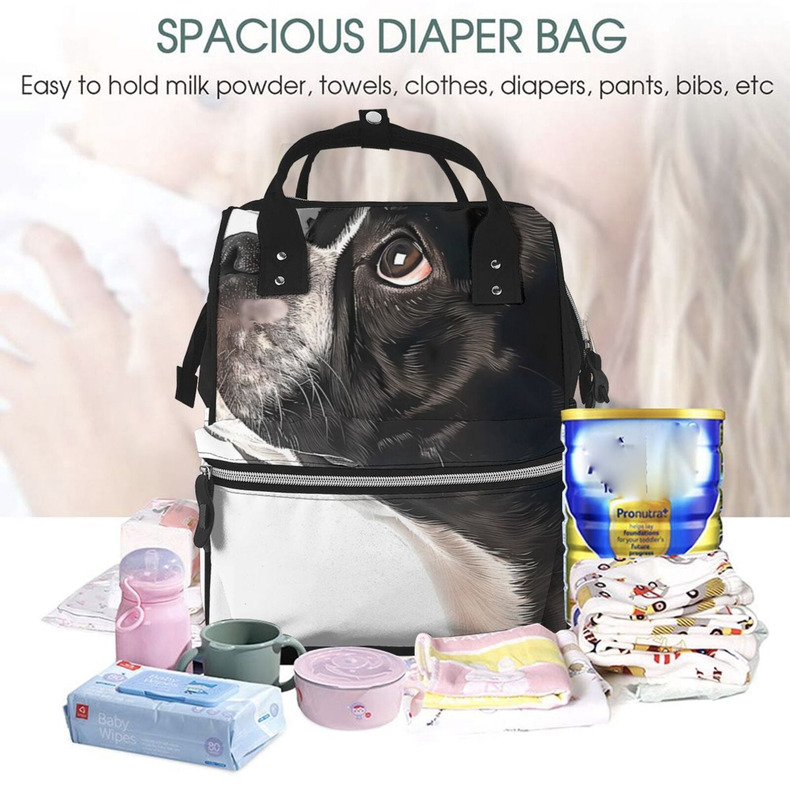 Fuzoiu Black And White Boston Terrier Print Diaper Bag Backpack,Baby Essentials Travel Tote,Multi function Waterproof Diaper Bag, Travel Essentials Baby Bag - Unisex