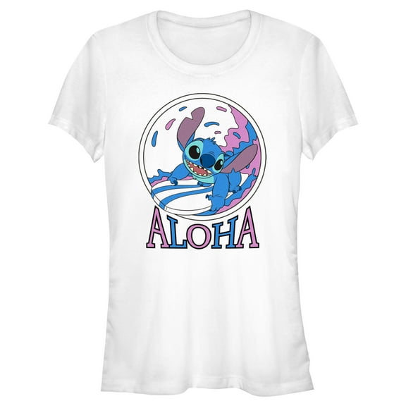 Junior's Lilo & Stitch Pink and Blue Aloha Graphic Tee White Small