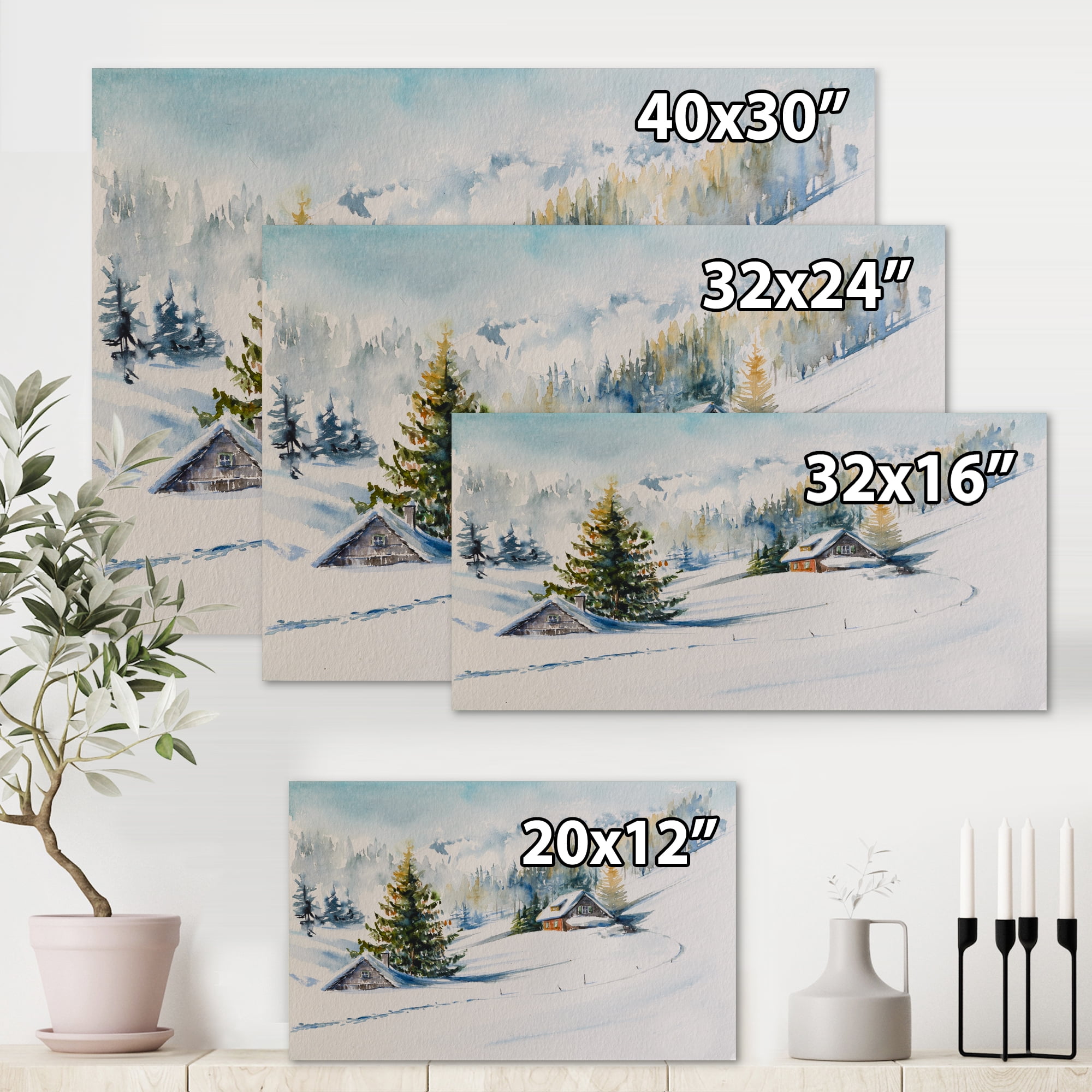 Designart ' The Winter Mountains With Little House ' Traditional Canvas Wall Art Print