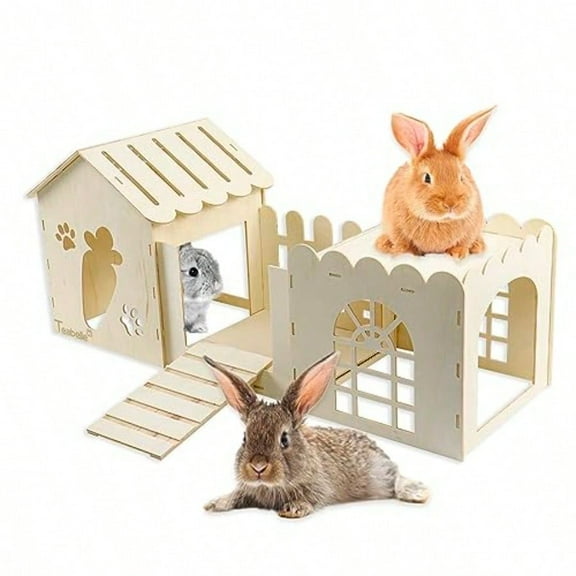 Large Rabbit Wooden Hideout House MultiChamber Small Animal Wooden Castle Cage Bunny Playhouse Habitat Decor Tunnel For Dwarf Rabbit Guinea Pig Chinchilla Hedgehog Squirrel