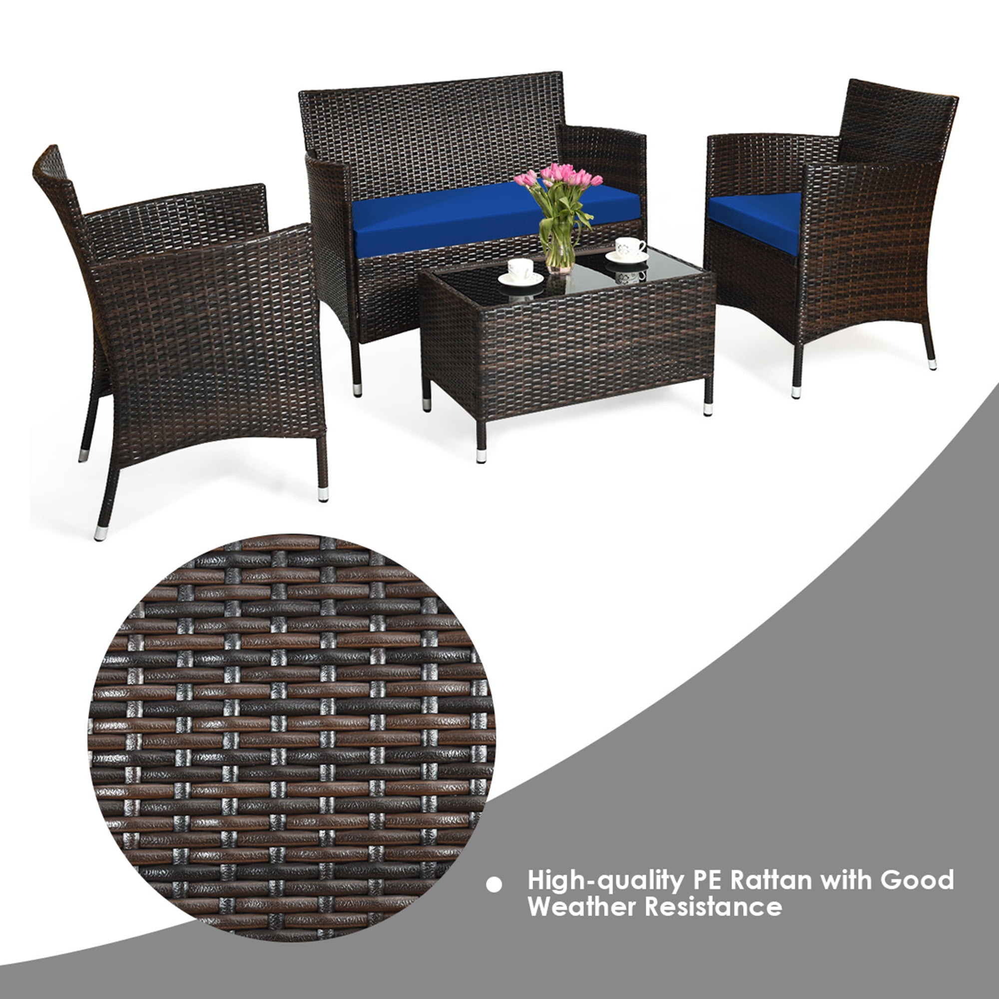 Gymax 4PCS Patio Rattan Conversation Furniture Set Outdoor w/ Navy Cushion