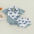 thumbnail image 3 of Infant Baby Boys Girsl 3Pcs Summer Clothes  Ribbed Short Sleeve Romper + Tree Shorts + Snap Triangle Bibs Blue 0-3 Months, 3 of 7