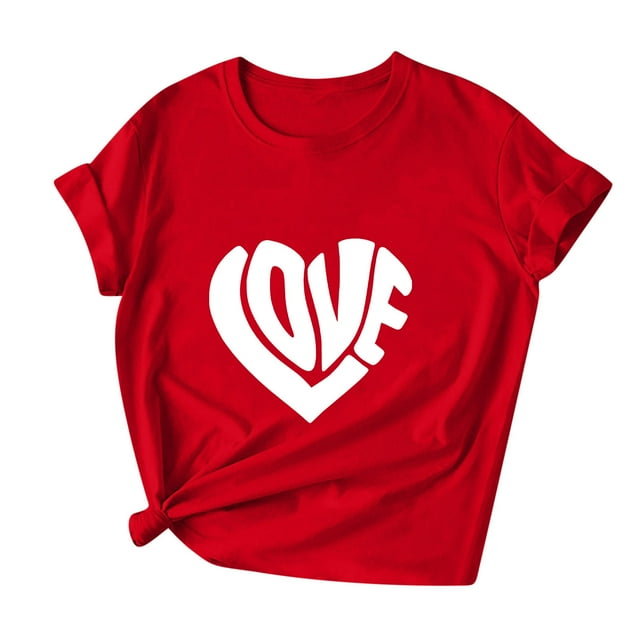Penkiiy T-Shirts de la Saint-Valentin pour Femmes avec Imprimé Cœur Mignon, T-Shirts Graphiques Décontractés à Manches Courtes m Rouge