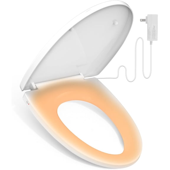 Heated Toilet Seat with Night Light, Electric, 3-Level Temp, Elongated