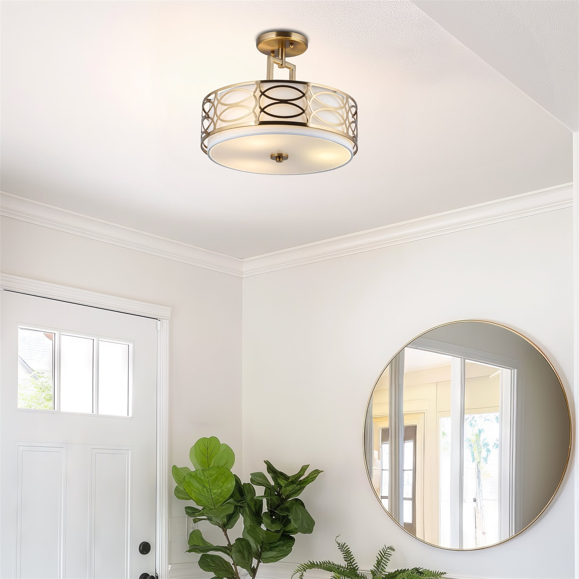 Kira Home Sienna 15" Lattice Drum Gold, Gold Ceiling Light, White Linen Shade, Glass Diffuser, Cool Brass
