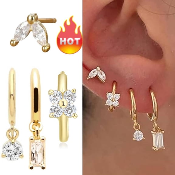 4PCS 14K Gold Plated Sterling Silver CZ Gemstone Drop Dangle Trendy Crystal Hoop Earrings for Women