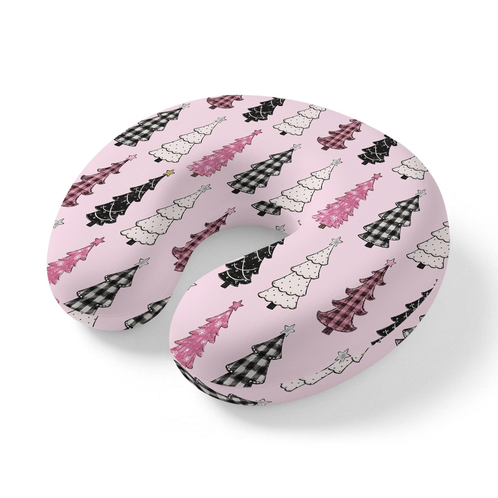 Neck Pillow for Travel Cartoon Pink White Christmas Trees Memory Foam U Shaped Pillows Portable Headrest Pink Background Neck Head Support Cushion for Home Office Car Airplane Sleeping