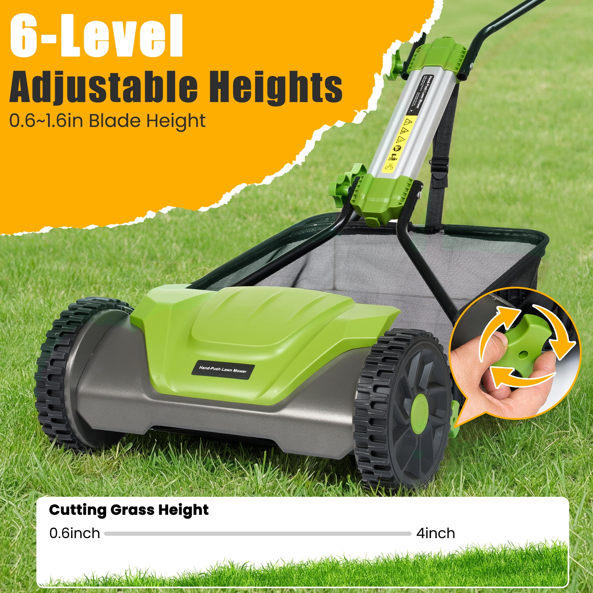 Naipo Push Reel Lawn Mower, 16-in 5-Blade for 6 Height Adjustable(0.6~1.6) Manual Lawn Mower with 8-Gallon Grass Bag, for Small Lawns, Green