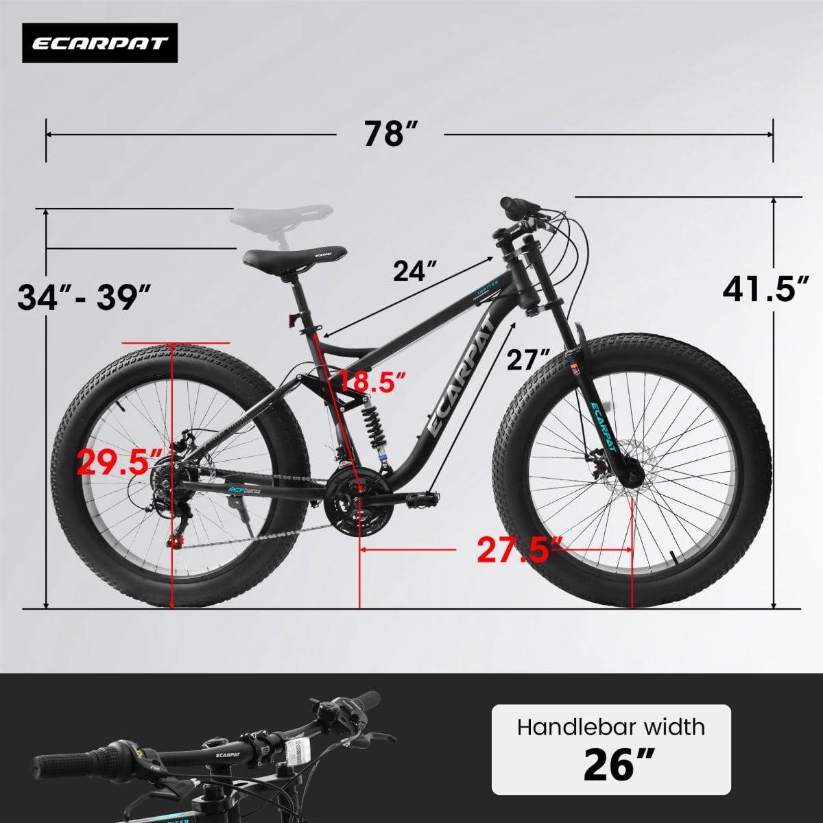 LuckyNote 26" Mountain Bike Full-Suspension 21 Speeds Disc-Brake, 26x4" Fat Tire Bike for Men
