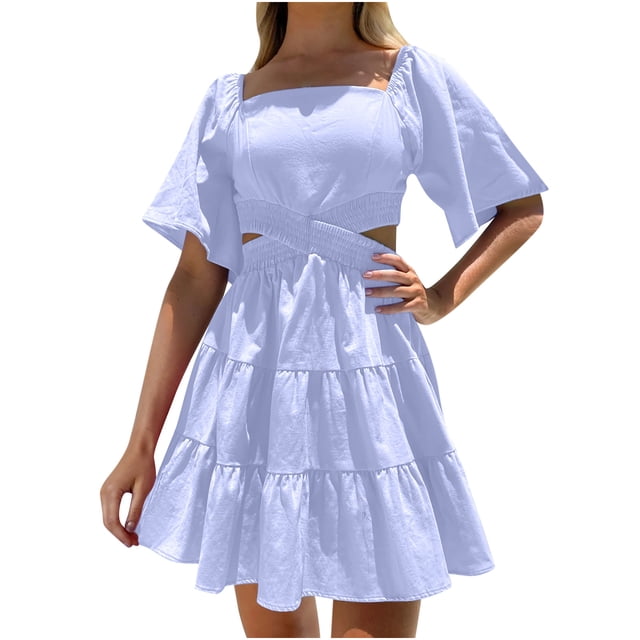 Bigersell Robes d'Été pour Femmes Mode Bohème Col Carré Manches Courtes Élastiques Robe Mini Unie Robes d'Été pour Femme Robes T-Shirt Régulières, Style 4013, Bleu Pâle m
