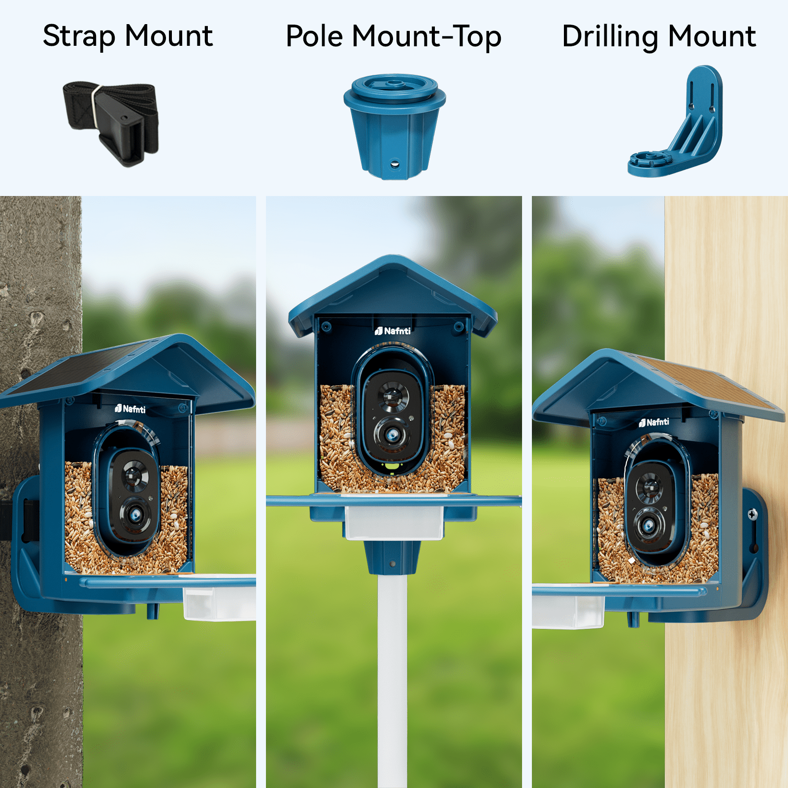 Nafnti Smart Bird Feeder with Camera, 2K HD Bird Camera Solar Powered, 5GHz/2.4GHz, 10000+ AI Bird Identification & Instant Alerts, IP65 Waterproof, Gift for Bird Lovers, Blue