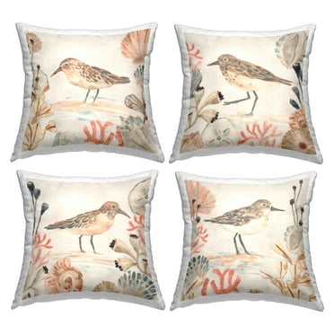 Stupell Industries Sandpipers & Beach Coral Square Decorative Printed Throw Pillow, 18 x 18, Set of 4