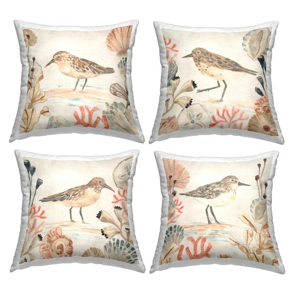 Stupell Industries Sandpipers & Beach Coral Square Decorative Printed Throw Pillow, 18 x 18, Set of 4