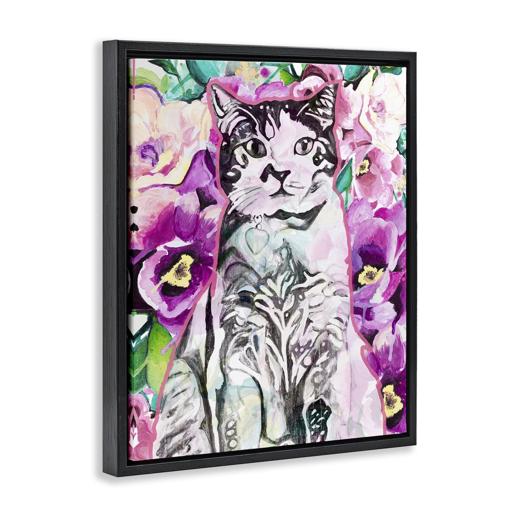Stupell Industries Kitty Among Flowers Animals & Insects Painting Black Floater Framed Canvas Art Print Wall Art, 17 x 21