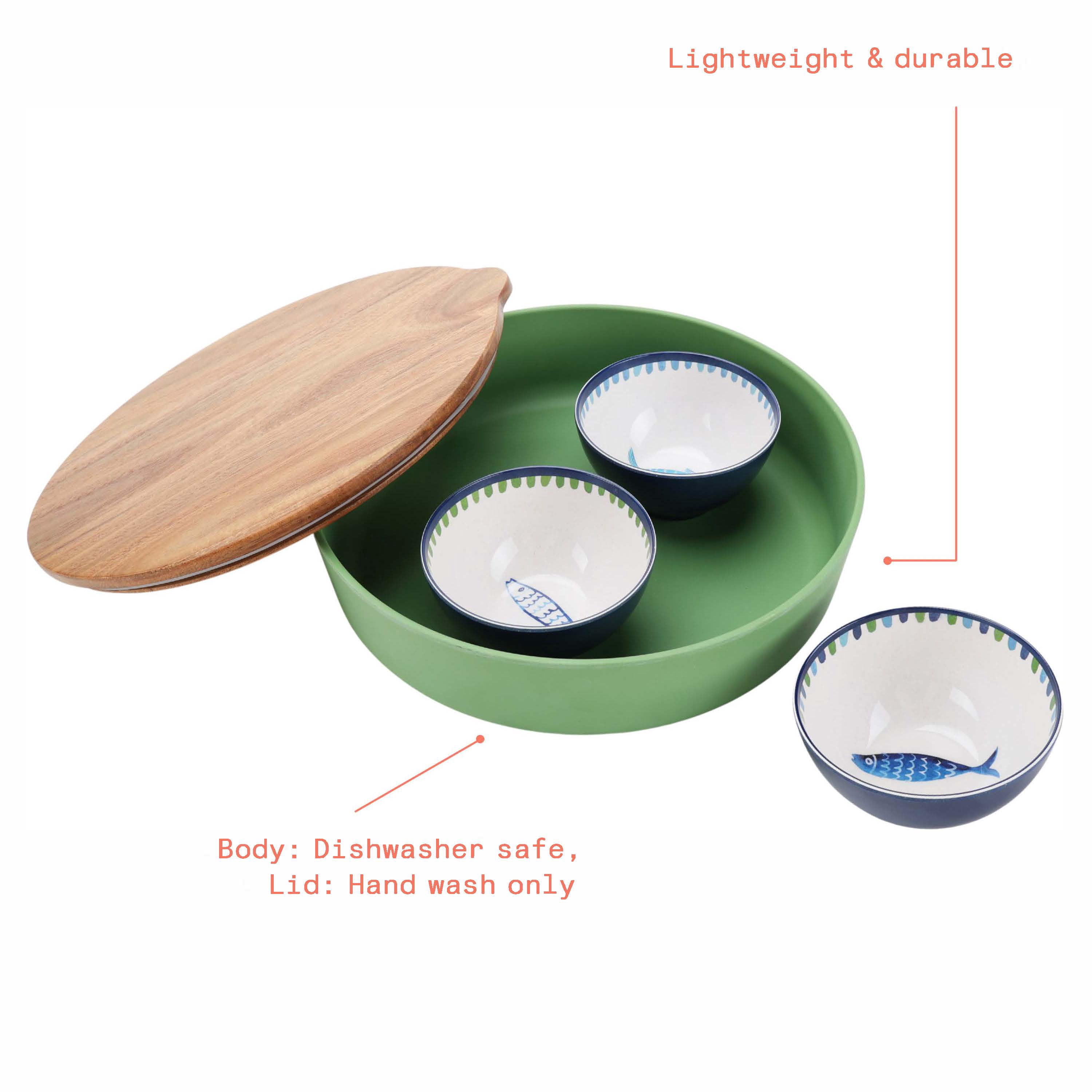 Beautiful Serve Bowl 14.6" x 6" Bamboo Melamine with Sardine Dip Bowls and Wood Lid, Multi-Color by Drew Barrymore