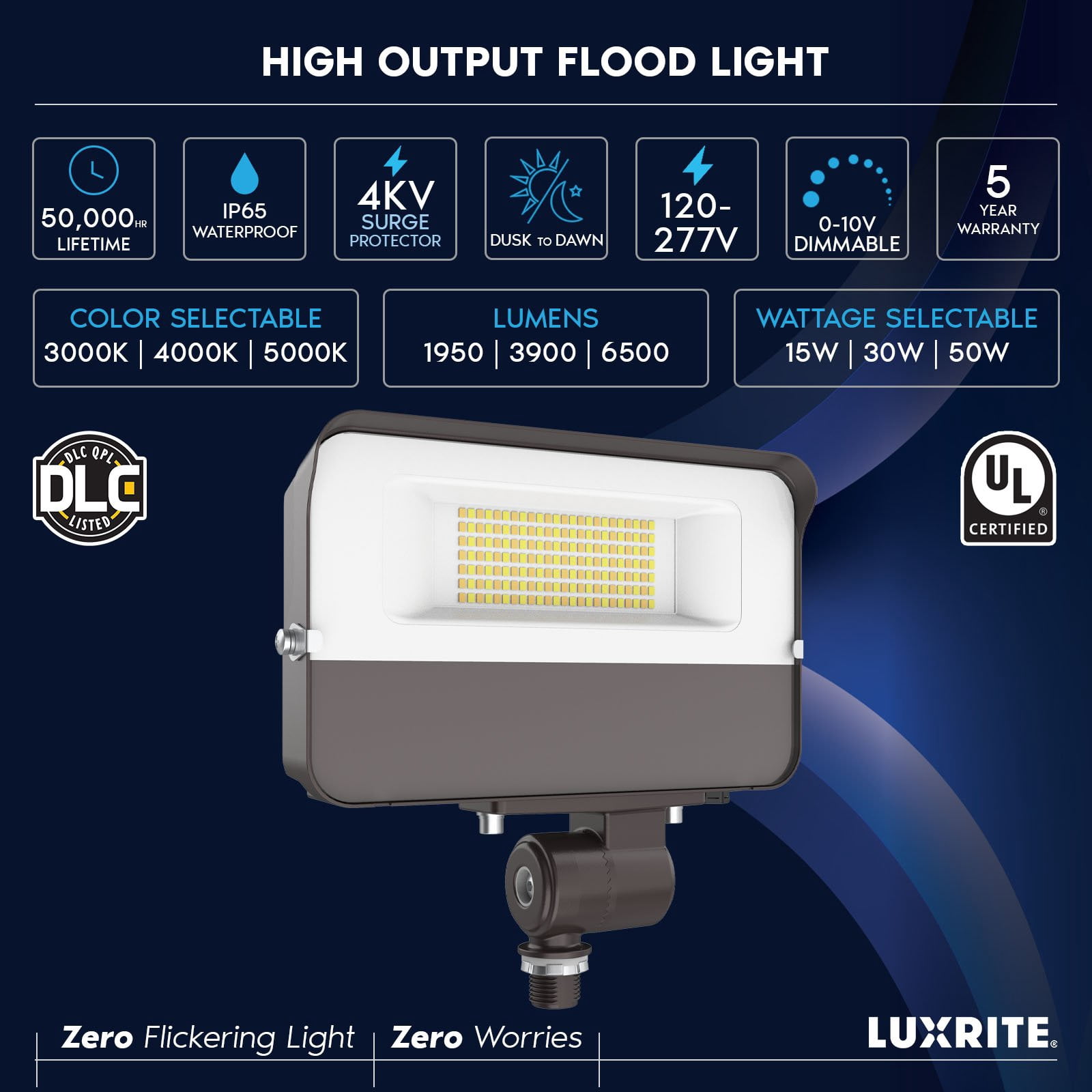 Luxrite 15/30/50W LED Flood Lights Outdoor Dusk to Dawn Sensor, 6500LM Security Light, 3CCT, Knuckle Mount