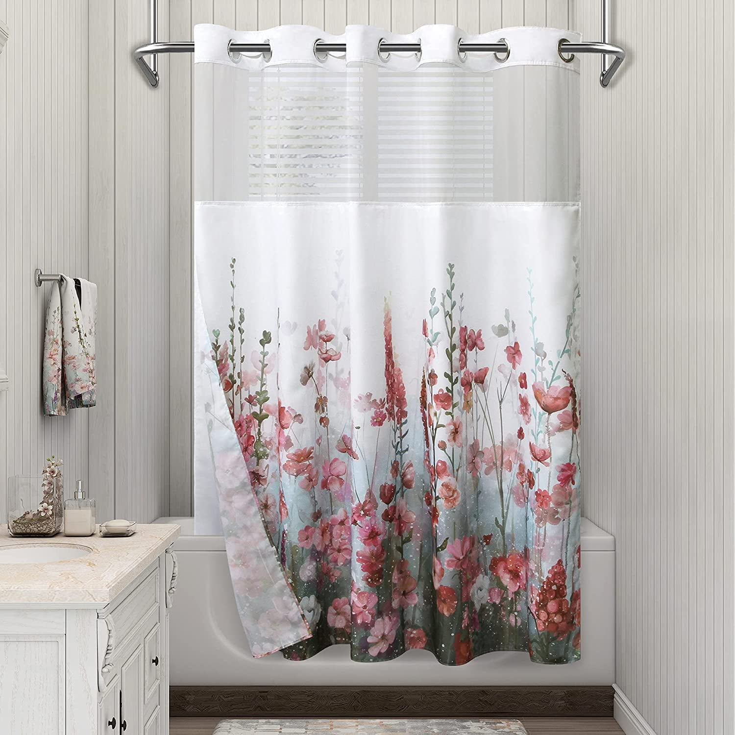Afuly No Hook Shower Curtain with Snap in Liner Pink Flower Floral