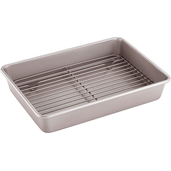 CHEFMADE Roasting Pan with Rack, 13-Inch Non-Stick Carbon Steel Bakeware, Oven & Dishwasher Safe, 9"x13"x2.4"(Champagne Gold)