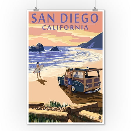 San Diego, California - Woody on Beach - Lantern Press Artwork (9x12 Art Print, Wall Decor Travel