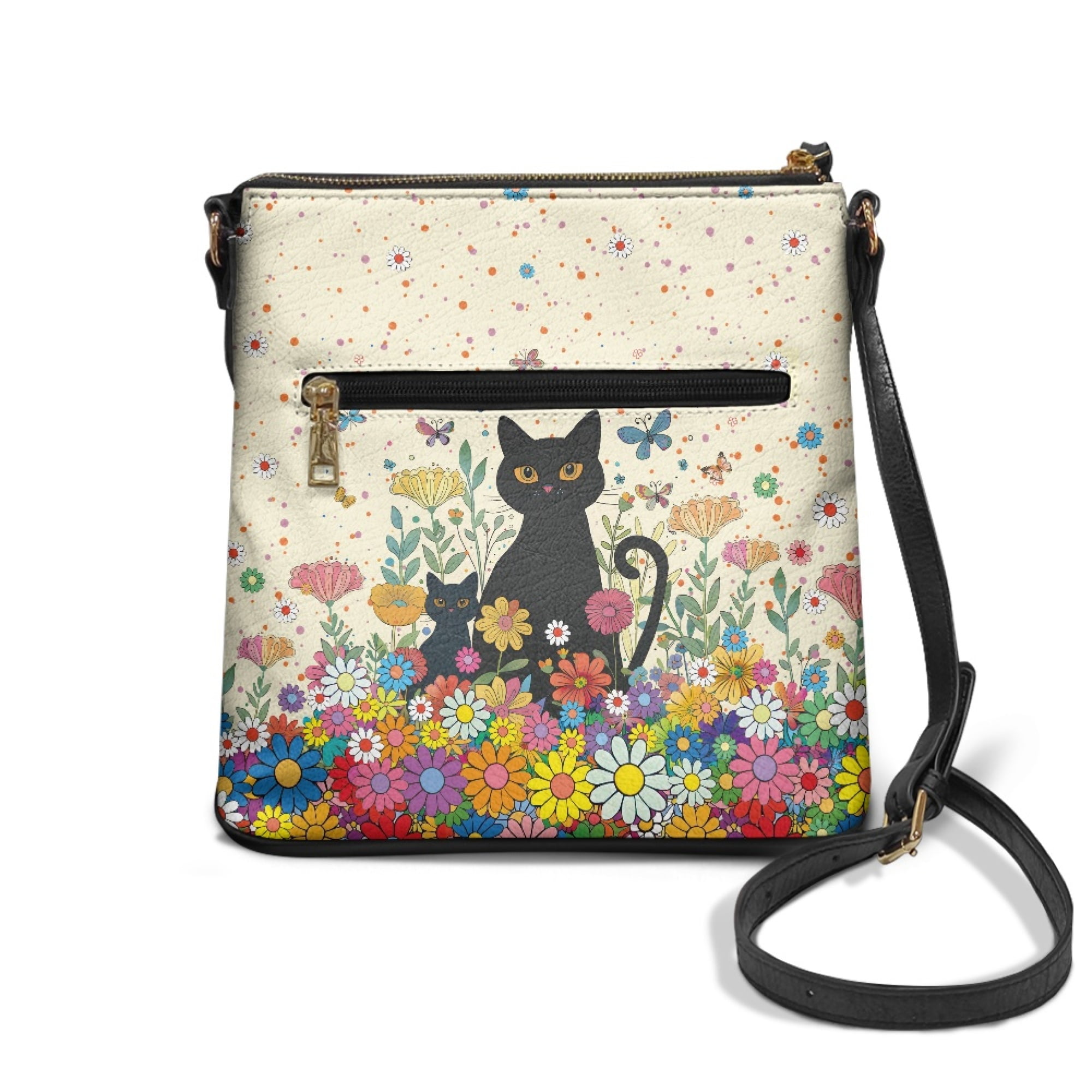 Kuiaobaty Black Cat Print Crossbody Bag for Women, Daisy Butterfly Print Vegan Leather Messenger Purse with Adjustable Strap, Large Capacity Shoulder Handbag Crossbody for Travel