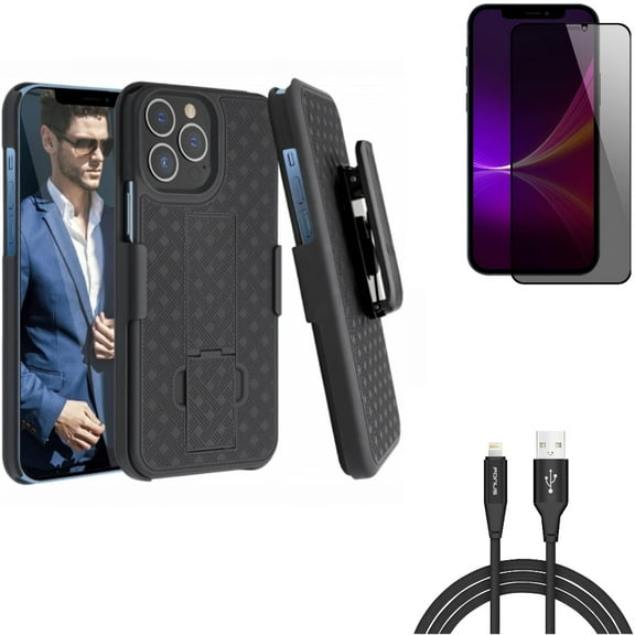 6ft USB Cable & Case Belt Clip & Privacy Screen Protector for iPhone 13 Pro Max ONLY - Charger Cord Power Wire   Holster Swivel Cover   Tempered Glass Curved Anti-Spy Combo