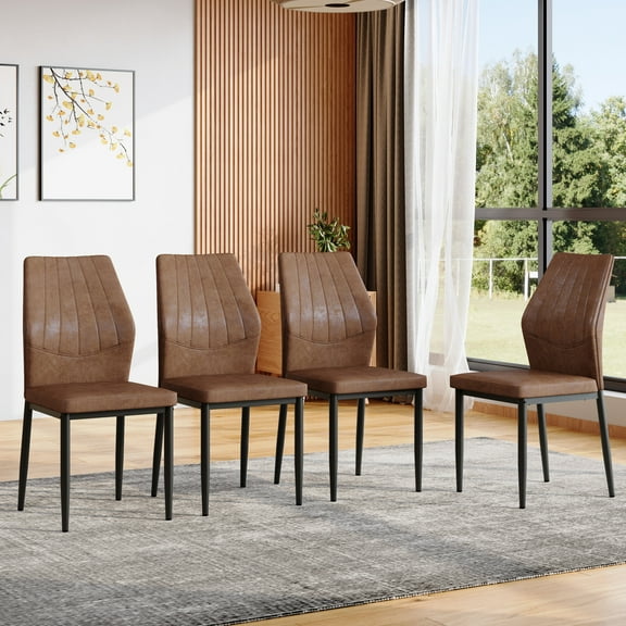 Noble House 37" Luxury Dining Chairs, PU Leather Shell Back, Ergonomic Cushion Seat, Black Metal Legs, Brown, Set of 4