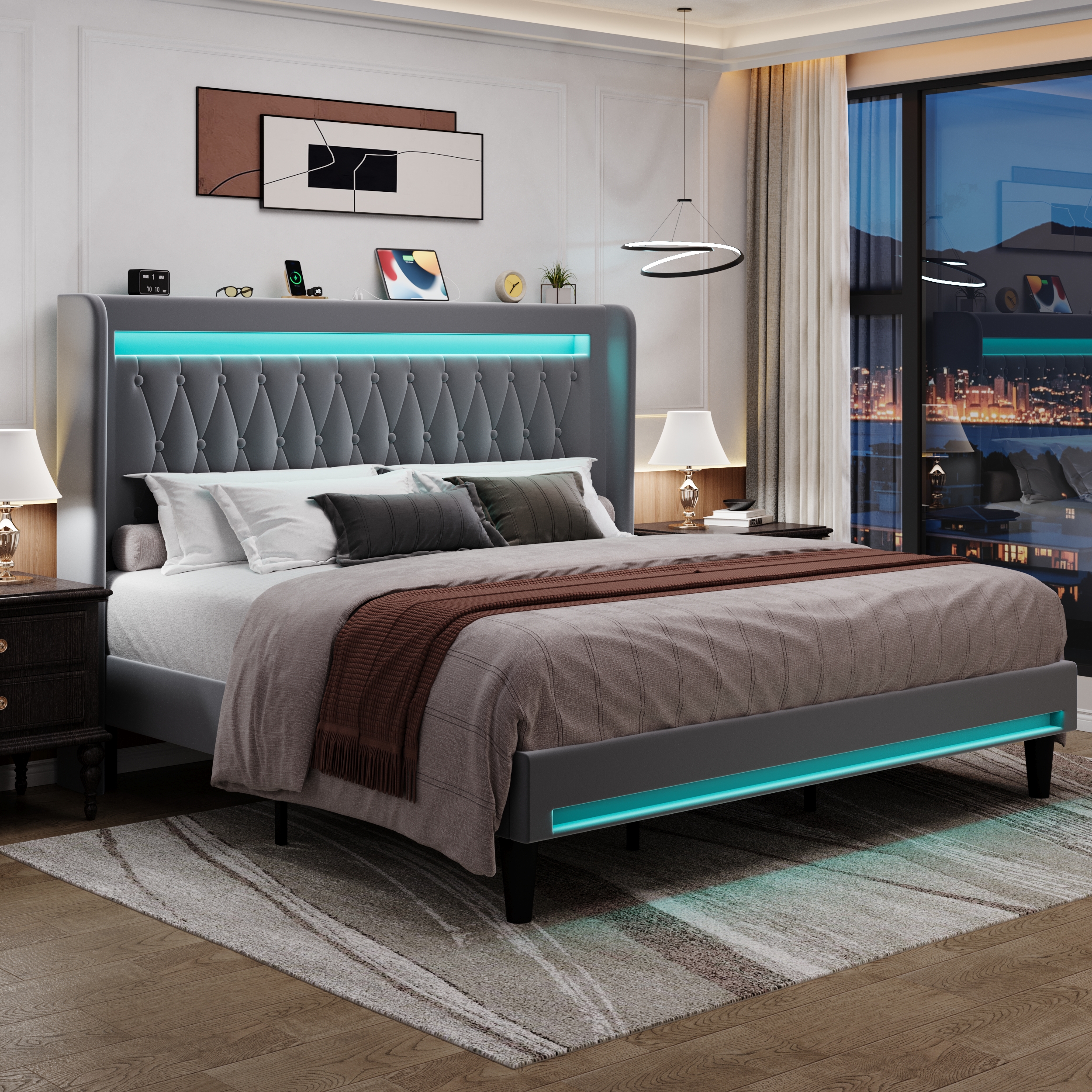 Amolife King Size LED Bed Frame, Upholstered Velvet Platfrom Bed with Charging Station, High Wingback Headboard & 2 Lights, No Box Spring Needed, 1000 LBS Capacity, Gray