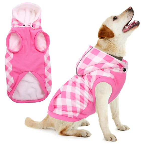QBLEEV Dog Winter Coat Cold Weather British Plaid Dog Clothes for Small Medium Dogs,Warm Pet Dog Jacket with Detachable Hood and Soft Fleece Lining,Windproof Pet Vest Fuzzy Outwear