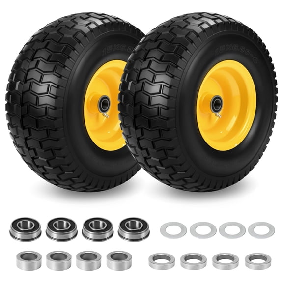 2 Pcs 15x6.00-6 Flat Free Lawn Mower Tire and Wheel, 15x6-6 Front Tire, with 3/4" Bearing (extra 5/8" Bearings), 3-4.4" Centered Hub, Fits Riding Mower & Lawn Tractors, 500 lbs