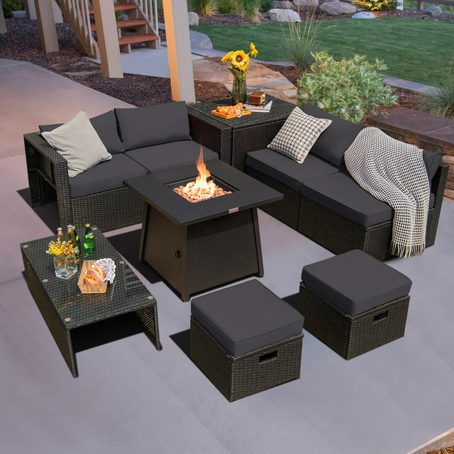 Costway 9PCS Patio Rattan Furniture Set Fire Pit Space-saving W/Cover Grey Cushion