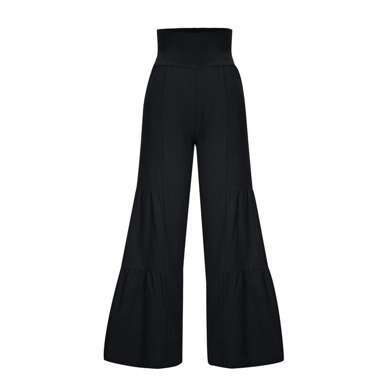 JNGSA Womens Palazzo Long Pants High Waist Wide Leg Stretchy Loose Fit  Casual Trousers Elastic Ruffle Baggy Pants Black 6 