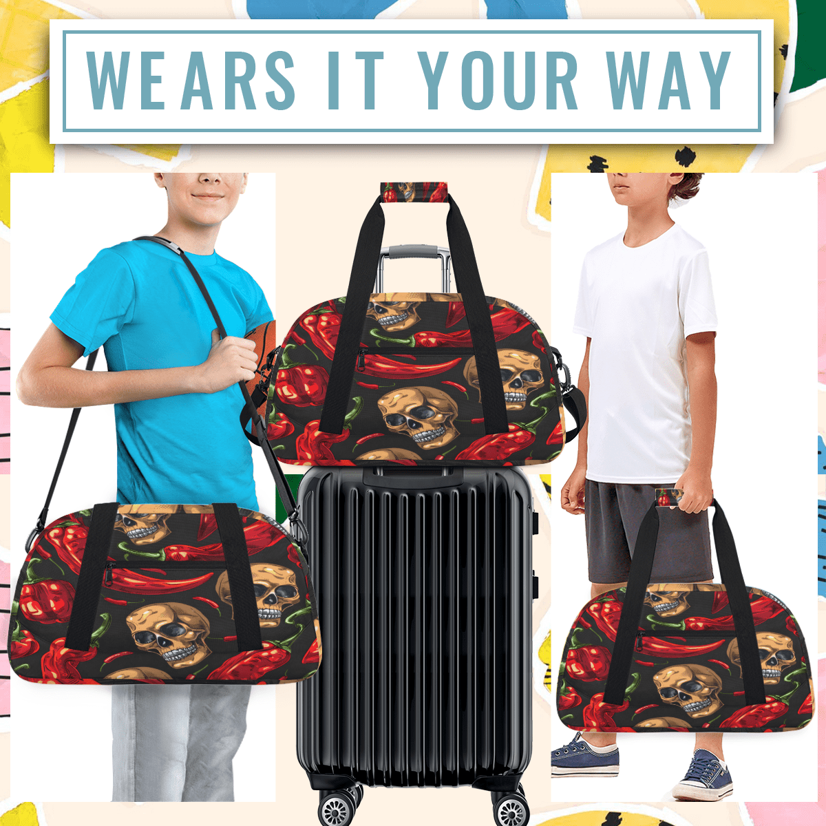 Herdesigns Skull Sports Duffle Bag for Women & Men, Chilli Pepper Gym Bag Dance Bag Overnight Bag Carry On Weekender Travel Bag