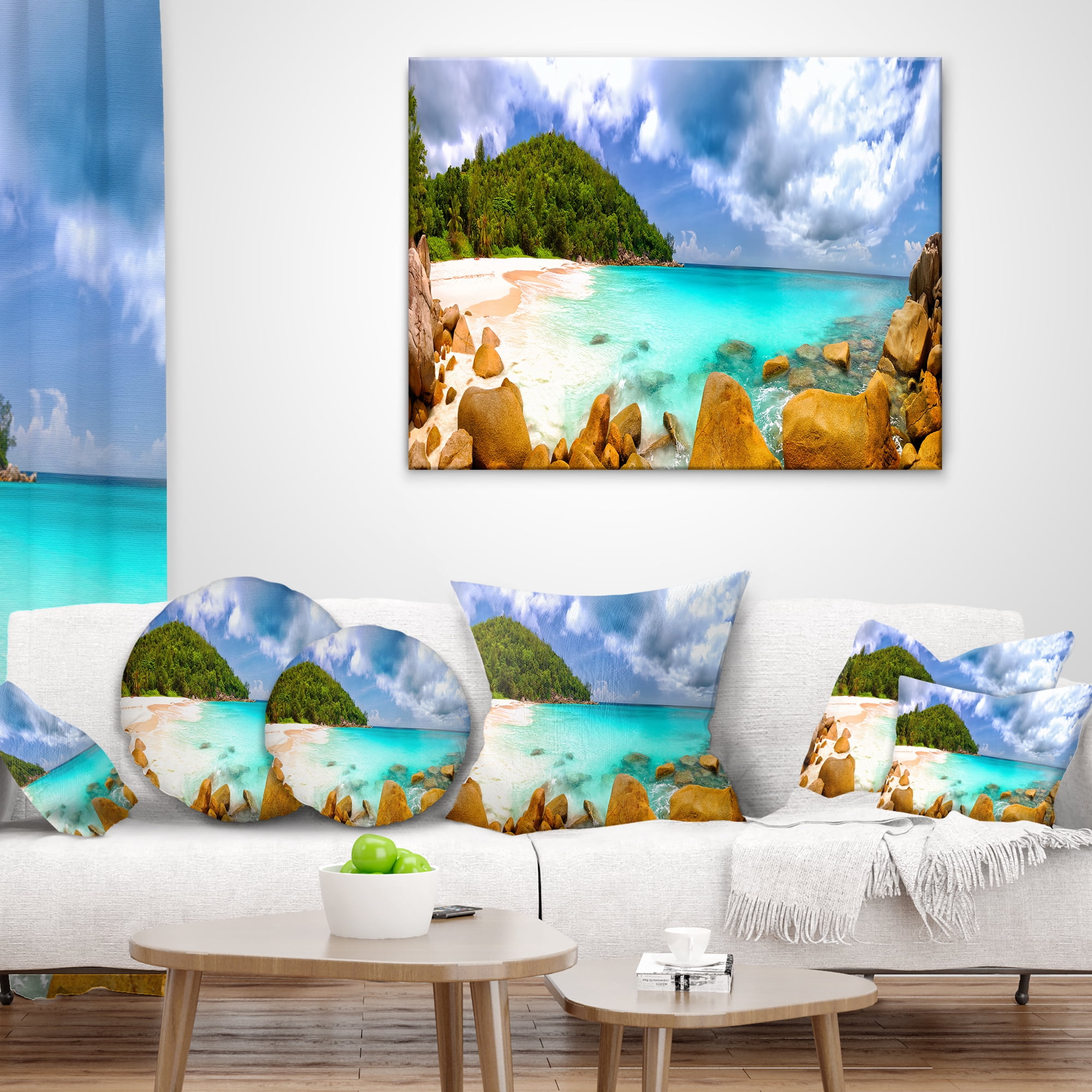 Designart Seychelles Beach Panorama - Seascape Photography Throw Pillow - 16x16