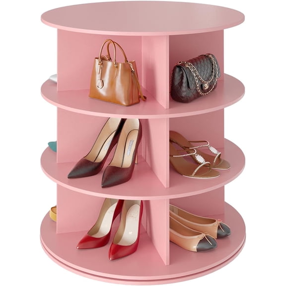 3 Tier Rotating Shoe Rack Tower, Spinning Shoe Display Lazy Susan, Revolving 360 Shoe Rack Storage Round Carousel, Vertical Handbag Rotate Shoes Closet Organization (3-Tier Pink)